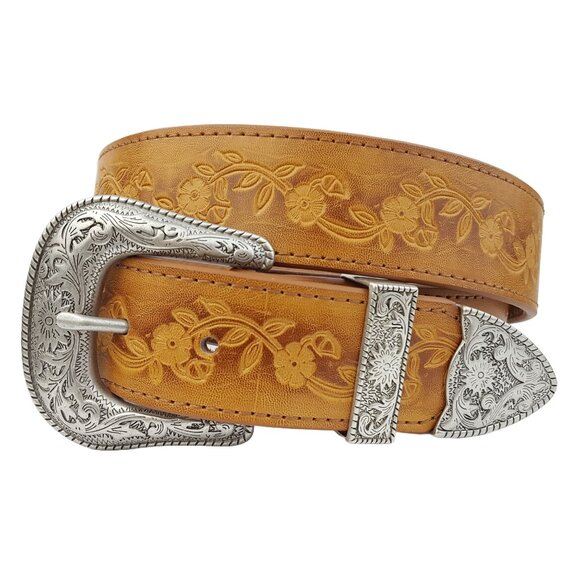 Silver Western Buckle Set w. Vintage Hand Painted Tooled Belt